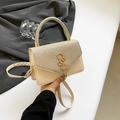 Elegante bolso beige con lentejuelas, cierre SS dorado y detalles de textura tejida champán - Dorado