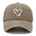 Adjustable khaki washed cotton baseball cap with heart and paw print embroidery - Khaki