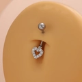 Silver heart navel ring with sparkling rhinestones on a medical steel curved barbell - Heart Dangle (DZ-031)