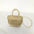 Beige hollow straw woven bag with top handle and shoulder strap for summer beach - Beige