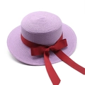 French vintage lavender straw boater hat with a red ribbon bow for summer beach travel - M (56-58cm) / Taro Purple