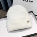 Plush white knit beanie with golden M logo charm on soft fluffy thermal fabric - M-Logo Thickened Style / White