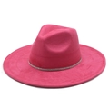 Detail view of the rose pink wide brim fedora hat with a sparkling rhinestone band - M (56-58cm) / Rose Red