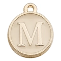 Golden round alphabet charm with white enamel and letter M for DIY jewelry - Letter M / 1 Piece (12x14mm) / Champagne