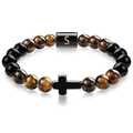Tiger eye and onyx beaded bracelet with black cross and golden letter S charm - Letter S