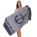 Microfiber beach towel with navy blue stripes and large anchor print in center - 80*160cm / Navy Anchor