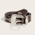 Detail of western belt with rhinestone buckle and embossed crocodile leather texture - Coffee