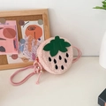 Pink plush strawberry crossbody bag for girls with green leaves and woven strap detail - Strawberry / Pink Strawberry