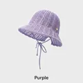 Women's hollow knit bucket hat in purple finish with chin straps and metal buckle - Adjustable (54-58cm) / Purple
