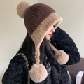 Winter knitted bear hat in dark brown and khaki plush with soft pom poms - Three Pom-Pom Plush Style (Coffee) / Color Block