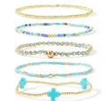 5-piece gold bead and blue crystal bracelet set with cross charms for summer vacation style - Sky Blue Gold 5-Piece Set