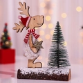 Christmas reindeer wooden ornament with red scarf, gold star and miniature pine tree - Red Hat White Clothes Style