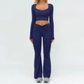 Set yoga blu scuro 2 pezzi con top a maniche lunghe e leggings a zampa d'elefante - Taglia S / Top E Pantaloni / Manica Lunga + Pantaloni a Zampa / Blu Notte