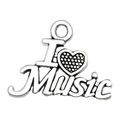 Antique silver musical pendant with heart detail featuring 'I Heart Music' engraving - 1Pc Heart MUSIC 15x20mm