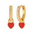 Detailed view of S925 silver gold-plated earrings with zircon hoops and red heart pendants - Zirconia Heart Hoop / Red/Gold
