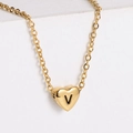 18k gold plated heart pendant necklace with black engraved letter V for women - Letter V