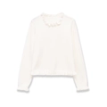 Eleganter weißer Langarm-Strickpullover mit dekorativen Rüschen an Kragen und Ärmeln - S / Weiß