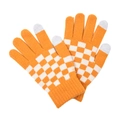 Orange and white checkerboard knit gloves with touchscreen-sensitive fingertips. - Yellow