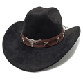 Detail of black suede cowboy hat with brown leather band and silver bull head studs - M (56-58cm) / Black
