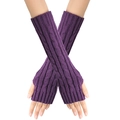 Detail of purple cable-knit fingerless gloves showing long sleeve texture and pattern - One Size / Purple