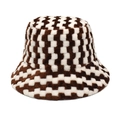 Detail of the soft faux fur texture and brown checkerboard pattern on the bucket hat - M (56-58cm) / Coffee