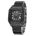 Macro shot of luxury square black diamond-set watch dial with Roman numerals and calendar window - Black