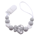 Detail of grey and white silicone pacifier clip with cartoon bear and heart beads - Light Gray