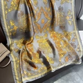 Classic grey faux silk long scarf featuring elegant golden baroque floral patterns - 180*86cm / Gray Gold