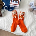 Cute orange cotton crew socks featuring a 3D plush white bear doll and smile patch - One Size / Orange