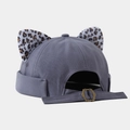 Gray canvas docker hat featuring leopard print cat ears and adjustable metal buckle - Plain Fog Blue with Leopard Ears