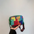 Green rectangle bag with vibrant tetris-style geometric prints and wide strap - Green
