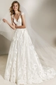 Elegant white A-line lace wedding dress with deep V-neck and delicate floral embroidery - US 2 / Off White
