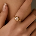 Luxurious gold ring with rectangular zircon in four-prong setting worn by model - KR0089/Rectangle Zircon Simple Ring