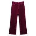 Women's burgundy satin wide-leg trousers with high waist button detail on white background - S / Pants