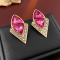 Detail of vintage irregular gold earrings with pink triangular stones and pavé crystals - 925 Silver Needle Pink Geometric Style / Pink