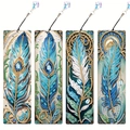 Set di 4 segnalibri in pelle fai-da-te pittura diamante con piume turchesi e cristalli - SQ-3 (Piuma di Lusso/Blu Pavone Set di 4)