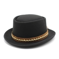 Classic black wool felt fedora hat with brown leather-style woven band and round crown - Black