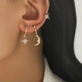 Three-piece golden moon and star earrings set featuring sparkling zircon stone studs - Set of 3 (8107) / KC Gold