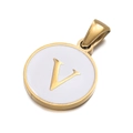 Golden stainless steel round pendant with white enamel inlay and capital letter V charm - Letter V
