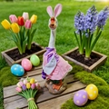 Detail view of 23 inch garden goose statue in Easter bunny outfit with pink ears - Easter Pink Rabbit