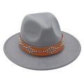 Detail of grey wool felt fedora featuring a brown leather band with silver rivet studs - M (56-58cm) / Light Gray