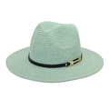 Detail of mint green straw fedora with black leather band and gold metal buckle - M (56-58cm) / Mint Green