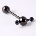 Polished black stainless steel tongue ring piercing featuring dual smooth metal balls - 1.6mm / Ball-Black