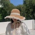 Khaki hand-woven straw sun hat with delicate white lace bow and foldable design - M / Flat Stitch Lace Edge-Khaki