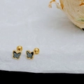 Detail of gold butterfly stud earrings with black inlay and secure screw ball backs - Black Zircon Butterfly / Gold/Black