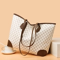 Large capacity tote bag in off-white with vintage brown geometric pattern and leather trim - Off White
