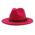 Detail of rose red fedora hat with brown suede belt and golden metal buckle - M (56-58cm) / Rose Red