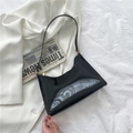 Glossy black patent leather baguette shoulder bag with golden zipper and metal hardware - Black
