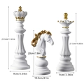 Nordic white resin chess set with gold accents showing size specs for King, Queen, Knight - King + Queen + Warhorse / White 3-Piece Set