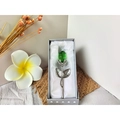 Elegant silver metal rose with a green crystal flower head in a silver gift box - Silver Stem Green Flower